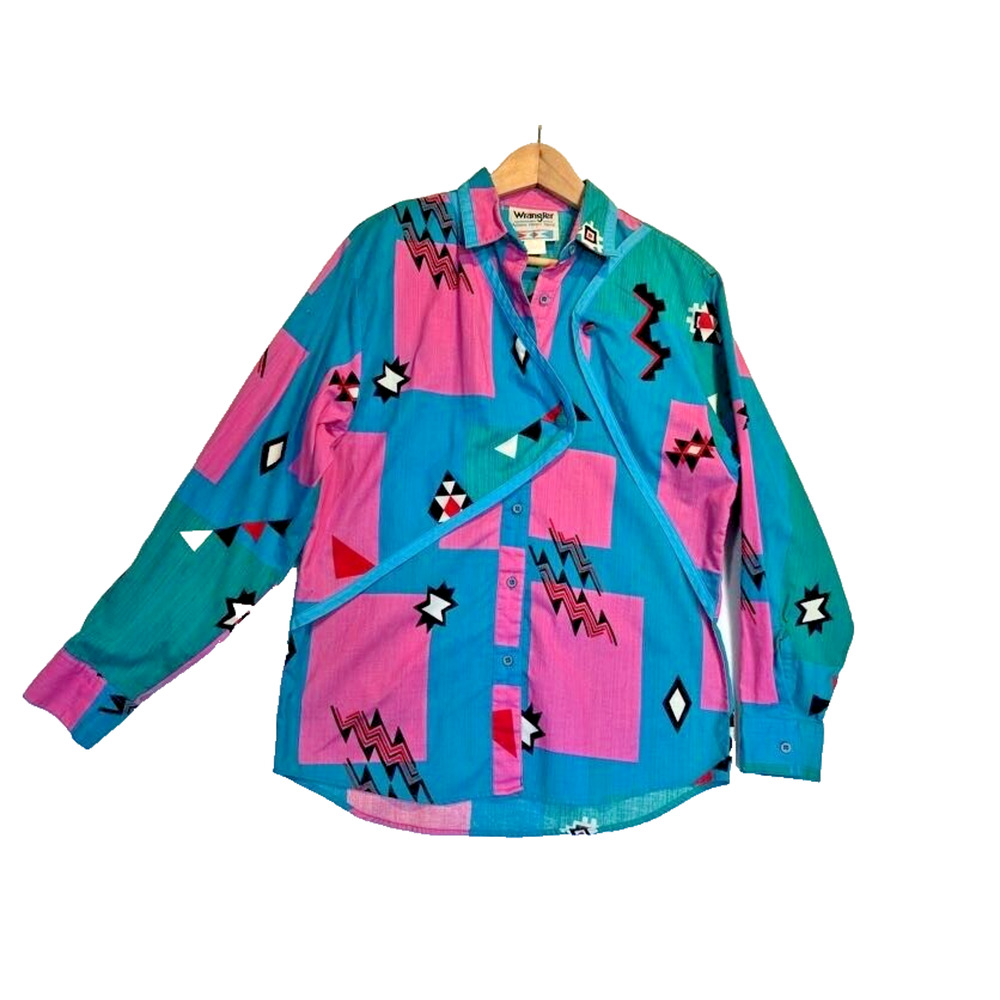 Vintage Wrangler Womens Shirt Cowboy Cut‎ Long Tails Aztec Print Top Medium**